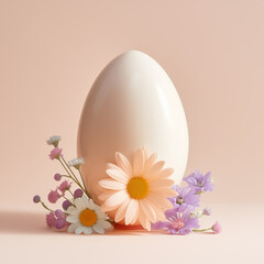 A delicate white egg blossoms with vibrant flowers in the comfort of an indoor sanctuary, evoking a sense of new life and tranquil beauty