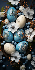 Fototapeta na wymiar Vibrant blue and white eggs encircle delicate flowers, creating a harmonious display of nature's beauty and new beginnings