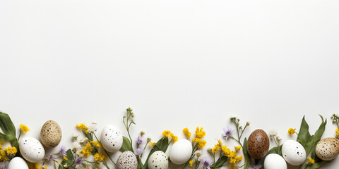 easter eggs in the grass with flowers,,,,Spring flowers and easter egg with white wooden background