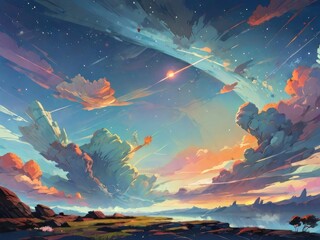 Meteorite fall in a beauty sky illustration 
