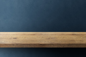 木目のあるナチュラルな木の棚(台)と青の凹凸のある壁の背景