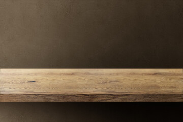 木目のあるナチュラルな木の棚(台)と茶色の凹凸のある壁の背景