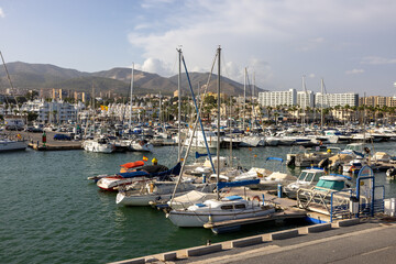 Boats and yachts moored at Puerto Marina in Benalmadena, Costa del Sol Malaga, Spain. This marina has berths for 1100 boat