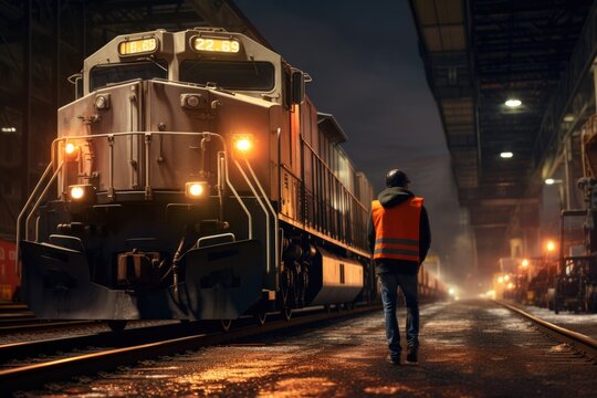 Dock workers and manager overseeing freight cargo train at port.