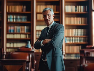 Experienced lawyer in a formal suit, with a law library and legal books slightly out of focus behind him