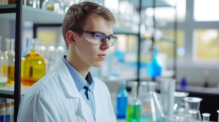 Young scientist in a lab coat, with a high-tech research lab and experiments in the background