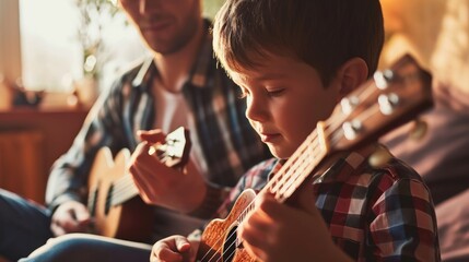 Boy learn the ukulele. Educational activities at home. Family lifestyles with children. Father teaching son. Male Student to Play ukulele In Music Lesson. Holiday, recreation, hobbies, music career