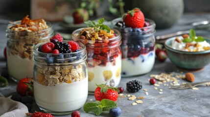 yogurt to various jars and dishes, try a variety of toppings and always include large container in shot, food, dessert, sweet, fresh, dairy, delicious, breakfast, fruit, organic