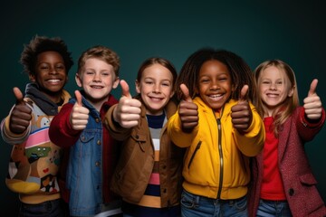 Diverse schoolchildren show thumbs up for discounts.