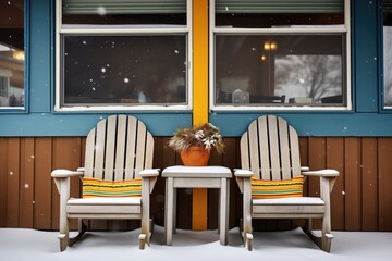snowcovered chairs on a cabins front porch