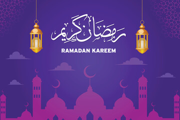 Ramadan Kareem Arabic Typography With Moon And Islamic Dark Background. Vector illustration
