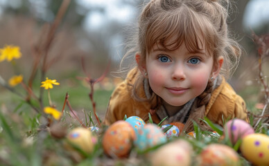 Fototapeta premium Little Girl Enjoying Egg Hunt In Spring Flower Meadow