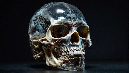 Anatomy of human skull isolated on translucent black background.