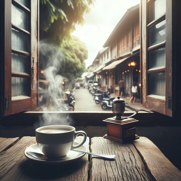 A view through the window glass of a hot coffee cup on an old wooden table in a cafe