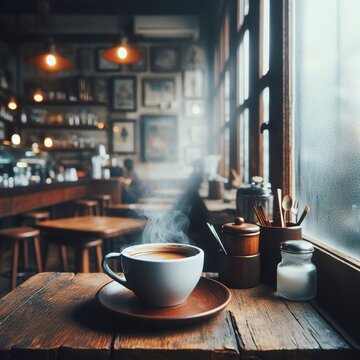 A view through the window glass of a hot coffee cup on an old wooden table in a cafe