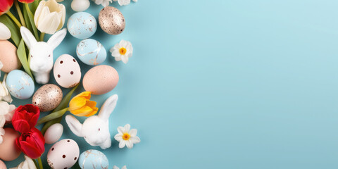 Fototapeta na wymiar Easter poster and banner template with beautiful Easter multi-colored eggs,Easter bunny and flowers.Promotion and shopping template for Easter. Beautiful easter promotion banner.Copy space for text