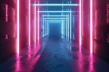 abstract neon background with ascending pink and blue glowing lines, vibrant and colorful laser rays.
