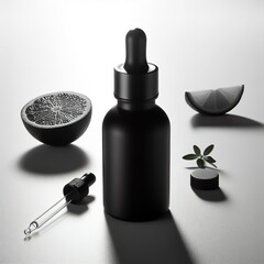 Black glass dropper serum bottle on white background