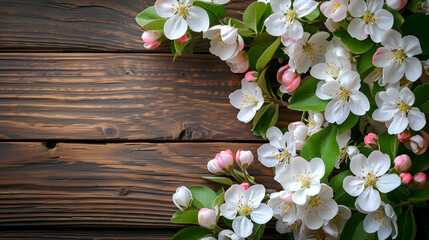 Spring apple blossoms flowering branch on wooden background, copy space, generative ai