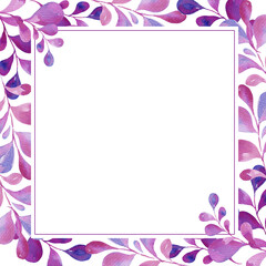 watercolor square frame with pink and magenta leaves, gradient in illustration, sketch, purple and violet color, herbal ornament, white background
