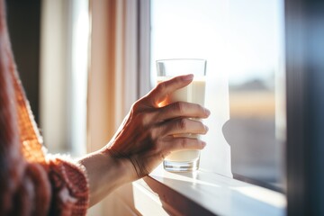 hand holding a glass of almond milk against a sunny window - obrazy, fototapety, plakaty
