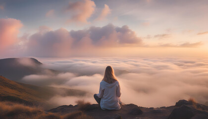  young woman sitting on a mountain top peacefully
