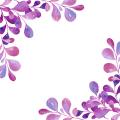 watercolor square frame with pink and magenta leaves, gradient in illustration, sketch, purple and violet color, herbal ornament isolated on white background