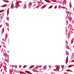 watercolor square frame with pink and magenta leaves, hand drawn illustration, sketch, rose color, purple color herbal ornament, isolated on white background
