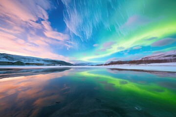 Fototapeta premium vivid aurora reflected in icy lake surface