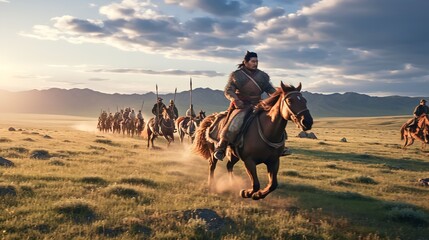 Mongolian People riding horse for travel - obrazy, fototapety, plakaty