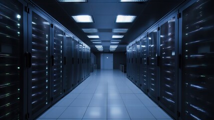 Datacenter room with racks of fast servers. Generative AI