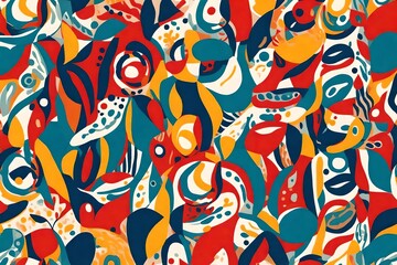 Fototapeta premium Playful and captivating, an abstract print comes to life with organic shapes, weaving a seamless pattern in the vibrant palette of trendy primary colors.
