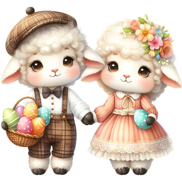 Couple of sheep holding hands together and carrying basket of easter eggs