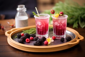 round tray with glasses of blackcurrant soda, garnished with berries