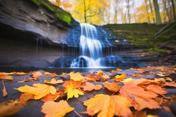 waterfall with bright autumn leaves surrounding it