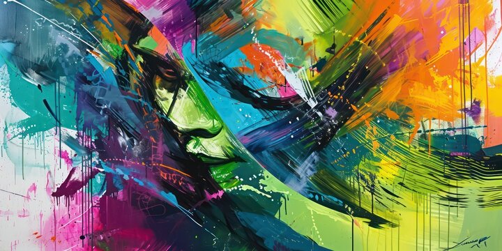 Abstract composition influenced vibrant special emphasis on striking greens style of rainbow, bold and vivid colors come to life.