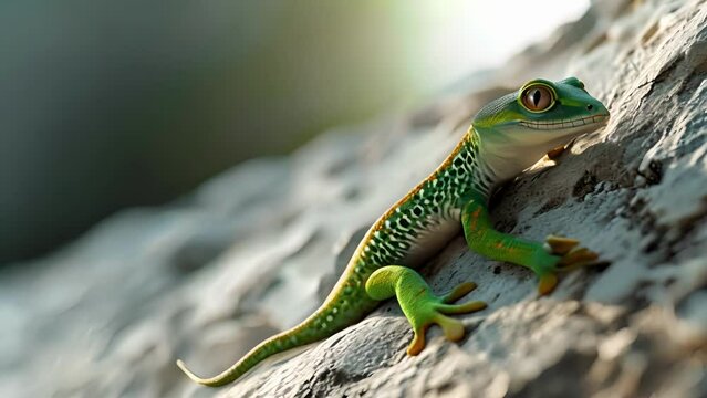 Cartoon digital avatars of Vertigo the Gecko, defying gravity as it climbs up walls smoothly.