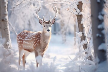 Naklejka na ściany i meble Mystical winter scene: captivating deer with colorful feathers in snowy landscape