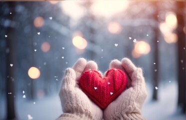 Hands in gloves holding heart shape knitted at snow forest