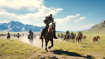 Mongolian People riding horse for travel