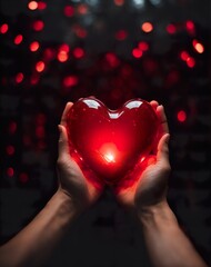 Hands holding glowing red heart, concept of love and St Valintine Day gifts ai generated
