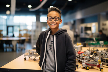 Fototapeta na wymiar Educations, lifestyle, technology, science and hobbies concept. Happy young school boy in technology class constructing devices or robots on table