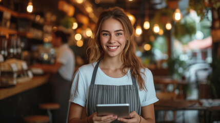 In the warmth of a snug café, a barista engages with a tablet, their face hidden, emphasizing the focus on digital interaction.