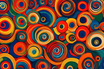 Fototapeta na wymiar Spirals of retro allure grace the canvas in an abstract illustration, forming a seamless pattern of squares against a backdrop of lively primary colors.