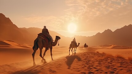 People riding camels in the desert for travel
