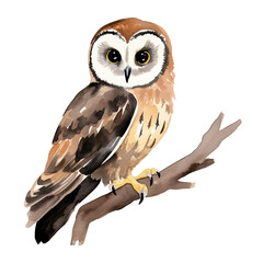 Fototapeta premium AI-generated watercolor Owl sitting on a branch clip art illustration. Isolated elements on a white background.