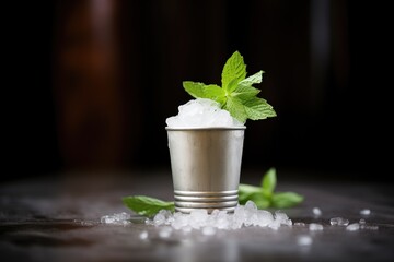 mint julep in pewter cup with crushed ice - obrazy, fototapety, plakaty