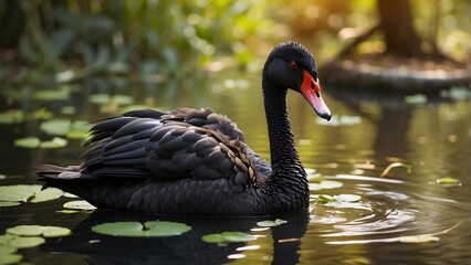 Beautiful black swan in pond, generative ai