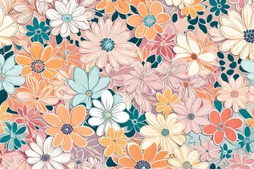 A mesmerizing 70s-inspired flower backdrop, vividly brought to life in a trendy seamless pattern of pastel colors.