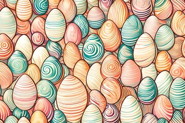 Spirals of retro allure grace the canvas in an abstract illustration, forming a seamless pattern of Easter eggs against a backdrop of delicate pastel colors.